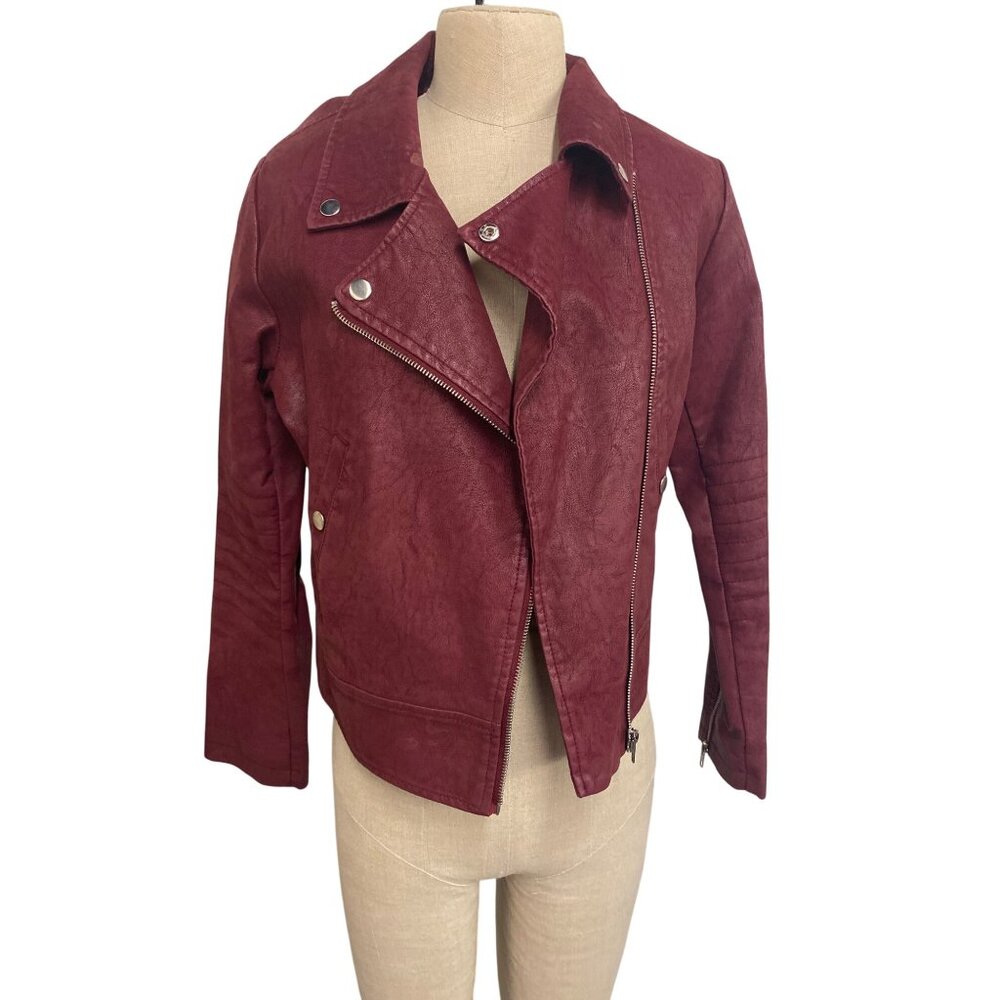 Womens Burgundy Faux Leather Moto Jacket S By Miami
